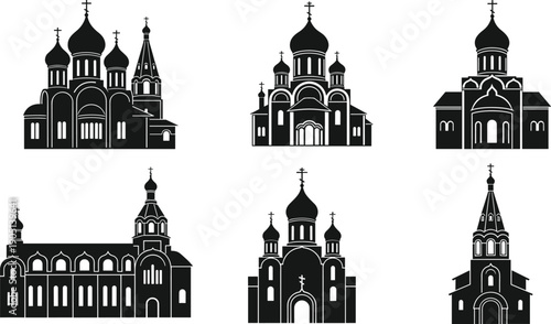 Set of black Orthodox church silhouettes and Russian cathedral icons, religious architecture symbols with onion domes and crosses, Christian building vector illustration, isolated