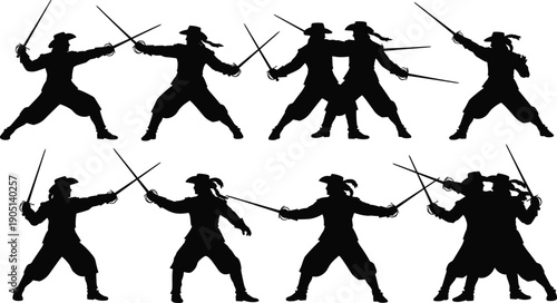 Set of black pirate silhouettes fighting with swords and rapiers, musketeers dueling in vintage hats, historical warrior fencing collection isolated on white background, vector