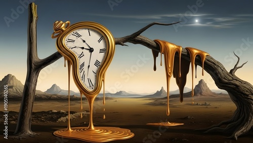 Surreal artwork featuring a melting gold pocket watch draped over a dead tree branch in a barren desert landscape. A symbolic representation of the fluidity of time and persistence of memory.