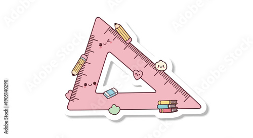 Cute Kawaii Pink Triangle Ruler Set with Pencils, Eraser, Books and Heart
