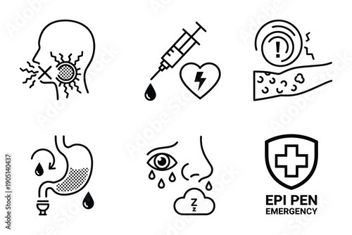 Anaphylaxis symptoms icons set vector. EpiPen emergency treatment for allergic reaction injection. Medical signs