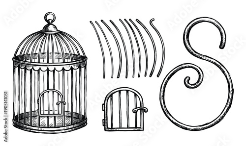 Birdcage parts illustration, vintage cage, disassembled elements, door, hanging curl, and birdcage rods graphic