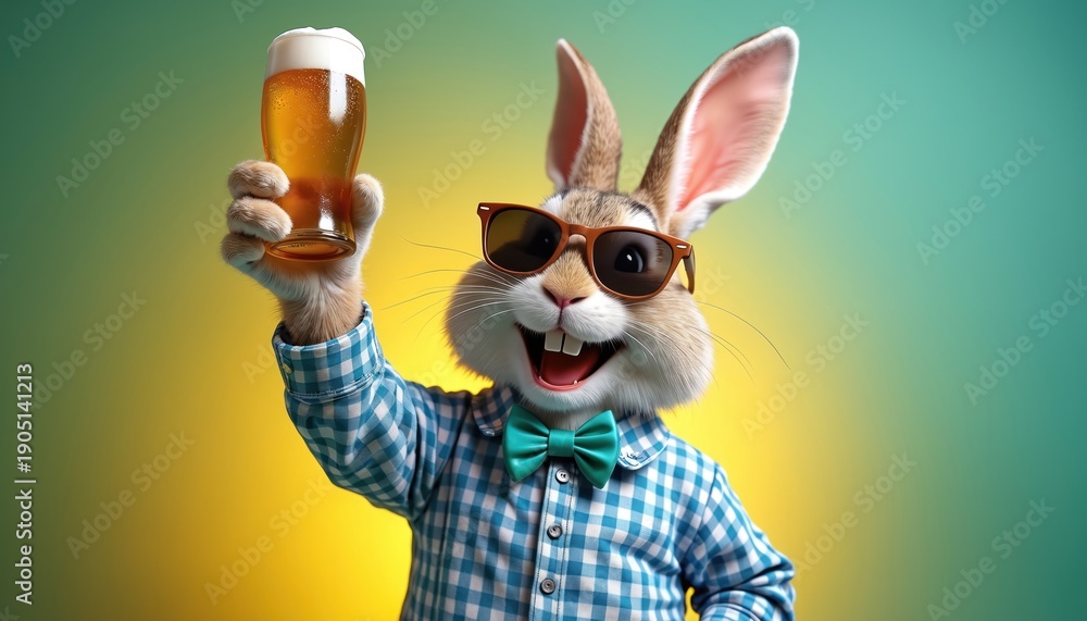 Fototapeta premium Festive bunny character wearing sunglasses and blue checkered shirt with bow tie. Rabbit holds up beer glass, celebrating spring holiday with joy and fun. Cheerful rabbit raises frothy beverage.