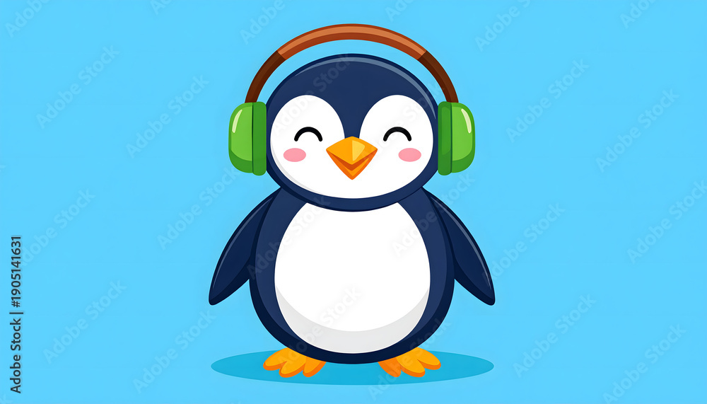 Obraz premium The penguin is listening to music using green headphones