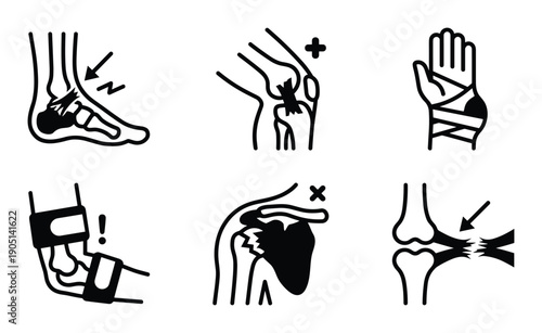 Bone fractures and joint injuries icons set. Foot, knee, wrist, elbow, shoulder and bone joint damages vector symbols