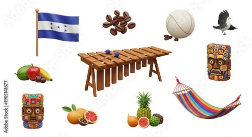 Vibrant collection showcasing the rich culture, natural bounty, and iconic symbols of Honduras, celebrating its unique heritage and traditions with traditional crafts and exotic produce