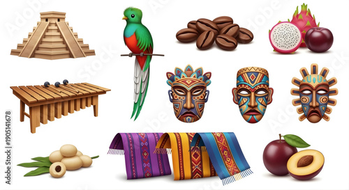 Collection of Mayan cultural symbols and artifacts including masks, traditional instruments, and tropical fruits
