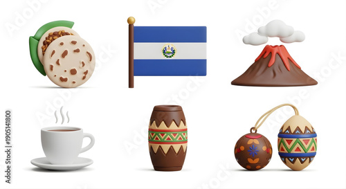 Explore the essence of El Salvador through charming 3D illustrations depicting national pride, traditional cuisine, natural wonders, and folk artistry