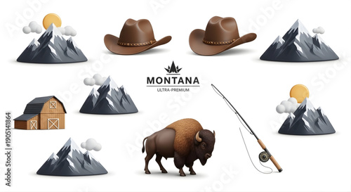 Stylized graphic collection towering mountains, powerful bison, rustic barn, cowboy hats, and fishing gear, representing grand outdoor and wilderness adventure