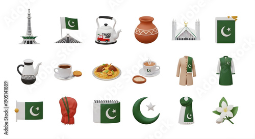 Collection of Pakistani cultural icons and symbols representing heritage and national pride, ideal for travel and cultural themes
