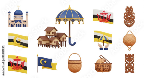 Collection of Brunei cultural symbols and landmarks, including traditional houses, mosques, and national flags, showcasing national heritage