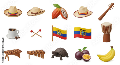 Colorful assortment of Latin American cultural elements including traditional headwear, tropical produce, festive musical instruments, and national flags for heritage themes