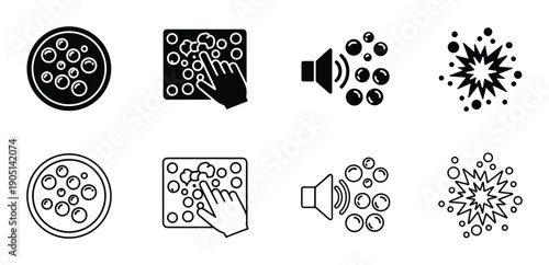 Bubble icons vector set, sound bubbles, touch screen with bubbles, bubble explosion icons, black and outline design