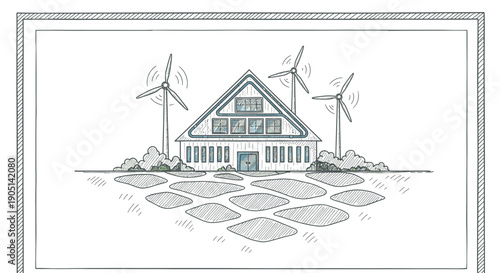 An intricate hand-drawn illustration showcases a modern, sustainable home powered by clean wind energy, symbolizing ecological responsibility and innovative green living.