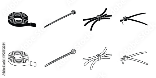 Cable Ties and Tape Illustration, Isometric View, Black and White Style for Binding, Fastening and Organizing Cables