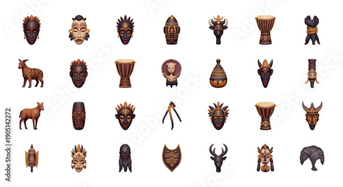 Collection of Tribal Art Icons Featuring Masks, Animals, and Musical Instruments