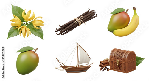 Collection of Tropical Fruits, Spices, and a Traditional Sailing Vessel
