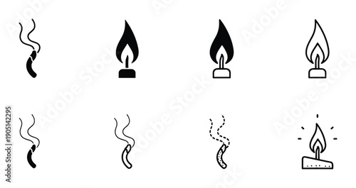 Candle flame icons set, light symbols with flickering flame, oil lamp, and smoking wick, minimalist outline vector illustration.