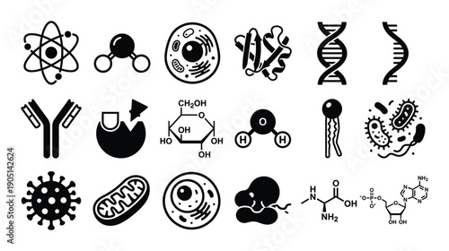 Cellular Structures and Biological Molecules: Vector Icons Set Depicting Atoms, Molecules, Cells, DNA, and Viruses