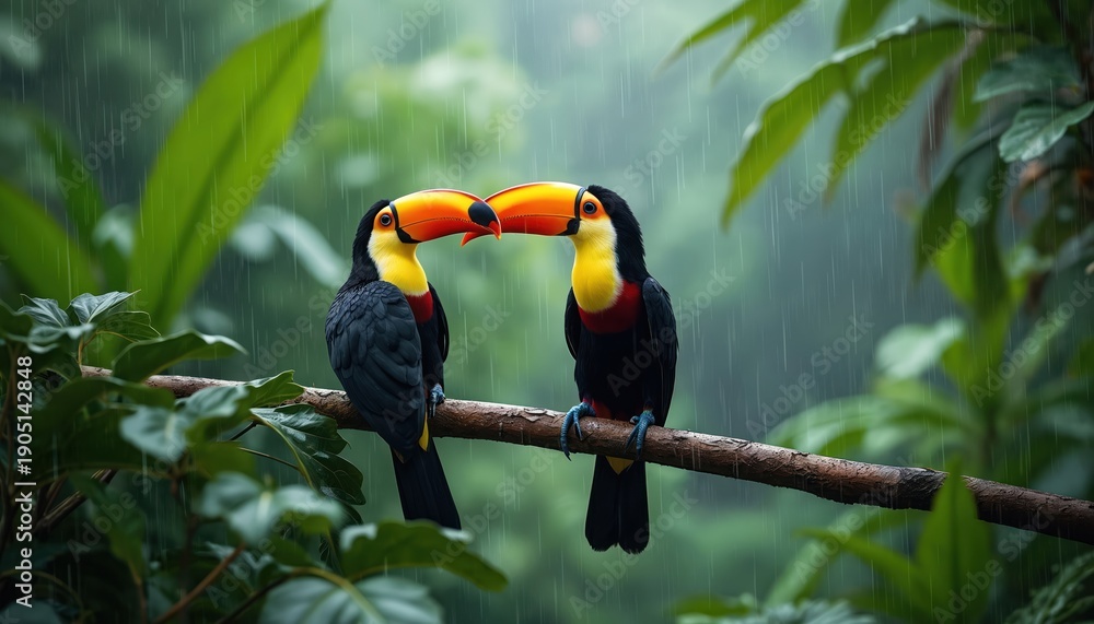 Naklejka premium Two colorful toucan birds sit on tree branch in tropical rainforest during rainfall. Lush green jungle leaves and humid atmosphere create moody natural background with copy space.