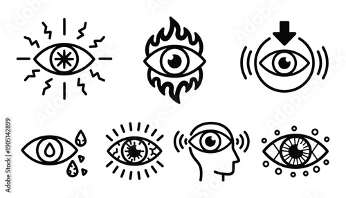 Collection of eye icons: Mystic vision, flaming eye, tears, mind's eye, and psychic vision symbols set