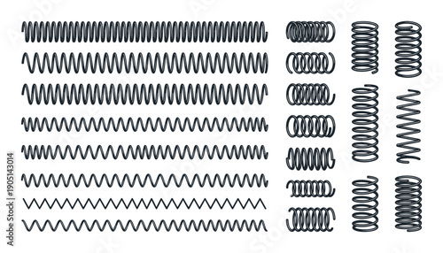 Collection of spring vectors in different styles and shapes. Coil springs, flat springs, zig zag springs design elements.