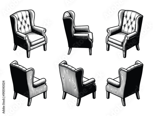 Collection of six wingback chairs illustrations in different angles, living room furniture black and white vector