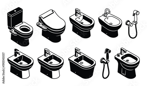 Collection of toilet and bidet fixtures in isometric view, restroom bathroom hygiene equipment vector design