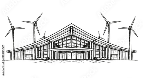 A contemporary architectural sketch depicts a sustainable building powered by multiple wind turbines, symbolizing renewable energy and eco-friendly urban development.