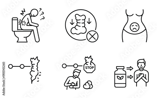 Constipation problem and causes symptoms, stomach problems and herbal medicine solution concept line art illustration
