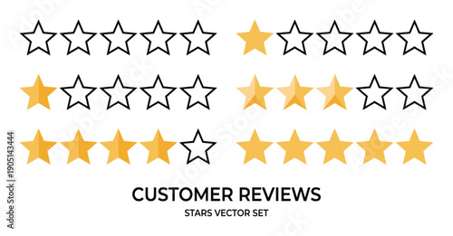 Customer reviews stars rating vector set, one to five stars for feedback, full and empty rating star symbols