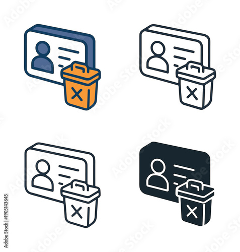 Delete profile icon set, identity card with trash icon, delete personal data, identity removal graphic, isometric illustrations
