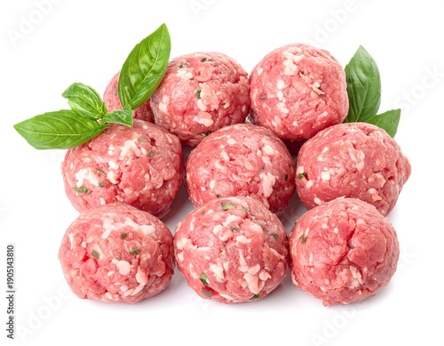 Freshly formed uncooked meatballs with vibrant basil leaves on a bright white background