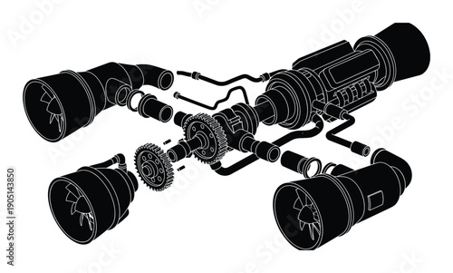 Detailed exploded view of engine assembly with gears, tubes and air ducts
