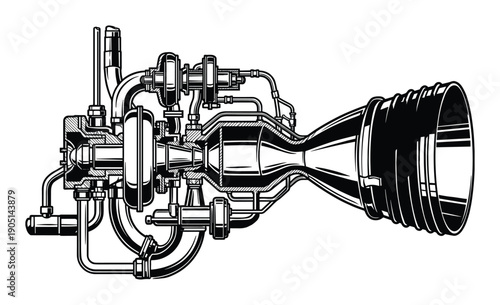 Detailed illustration of a rocket engine with intricate piping and nozzle, perfect for technical diagrams