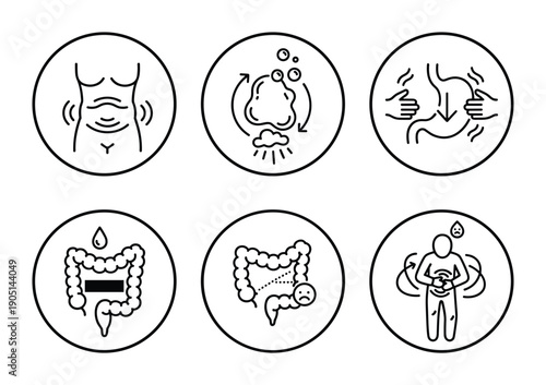 Digestive Problems Icons Set Vector Illustration, Abdominal Pain, Constipation, Stomach Issues, Diarrhea, IBS Symptoms