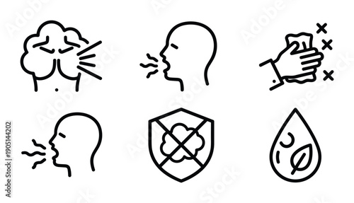 Disease Prevention Icons Set, includes sneezing, cough, cleaning, protection, and hygiene