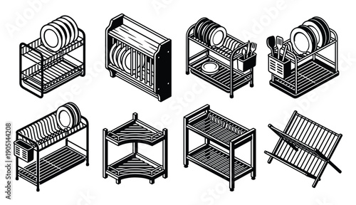 Dish Rack Collection Vector Set, Various Styles, Isometric Dish Drying Racks with Plates and Cutlery.