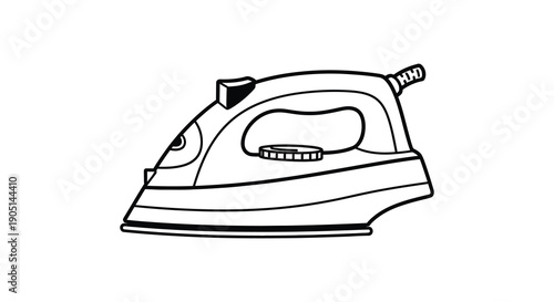 A detailed black and white line drawing depicts a classic steam iron with its handle and soleplate clearly visible
