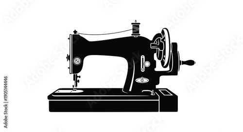 A vintage black sewing machine is prominently displayed against a stark white background showcasing its classic design