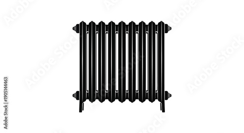 A stark black radiator stands prominently against a plain white background showcasing its vertical ribbed design high quality