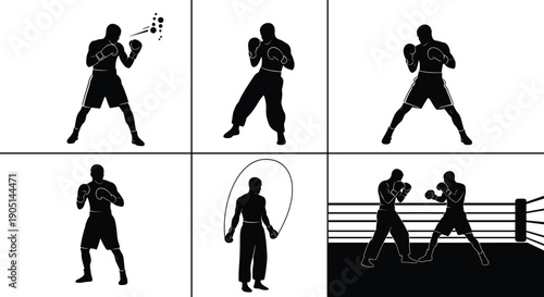 Black silhouette boxing set with fighters punching jumping rope training in ring and practicing kickboxing martial arts for fitness gym sports design