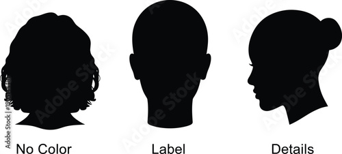 Black human head silhouette collection featuring female profile with bun curly hair style and male face front view for beauty identity design