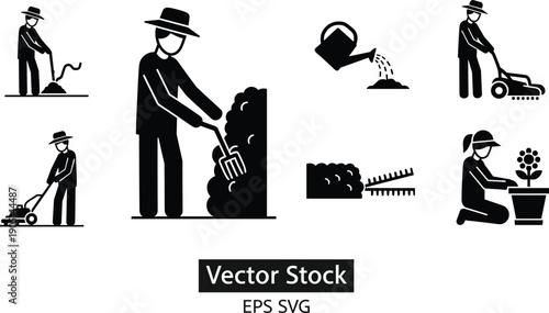 Black silhouette gardening icon set with gardeners mowing lawn watering plants trimming hedges and digging soil for landscaping backyard maintenance service