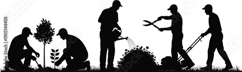 Black silhouette gardening set with men planting trees watering plants trimming bushes with shears and mowing lawn for landscaping backyard maintenance service(21 words)