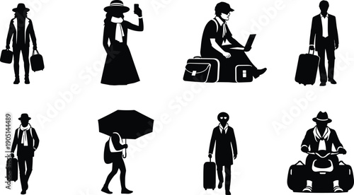 Black silhouette traveler set featuring tourists with luggage business traveler with laptop person on scooter and woman with umbrella for global travel
