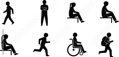 Black human silhouette set featuring people walking running sitting standing and person in wheelchair for diverse community lifestyle and social inclusion design