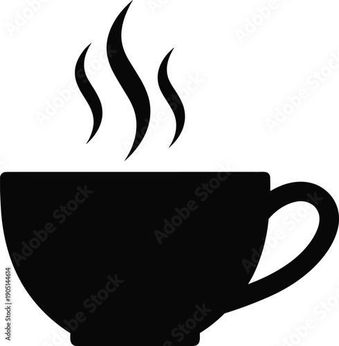 Black coffee cup silhouette with rising steam isolated on white background for cafe menu breakfast morning drink and restaurant branding design