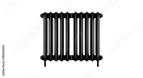 A stark black and white illustration depicts a vintage cast iron radiator showcasing its ribbed design and structure