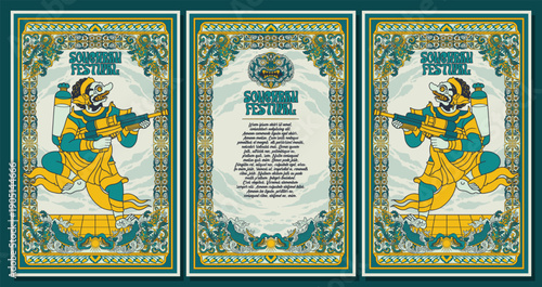 Thai Songkran Festival Floral Decorative Template with Traditional Puppet Water Gun Illustration